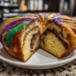 A slice cut from a rich, cinnamon-swirled king cake, topped with purple, green, and gold icing.