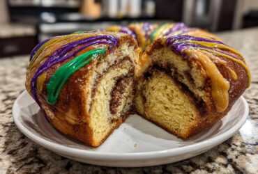A slice cut from a rich, cinnamon-swirled king cake, topped with purple, green, and gold icing.
