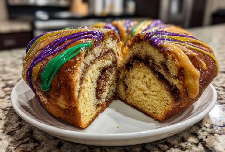 A slice cut from a rich, cinnamon-swirled king cake, topped with purple, green, and gold icing.