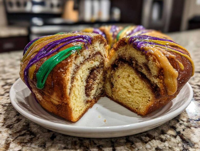 A slice cut from a rich, cinnamon-swirled king cake, topped with purple, green, and gold icing.