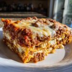 Close-up of a thick, cheesy slice of Lasagna with Cottage Cheese, showing layers of pasta, meat sauce, and white filling.
