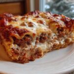 Close-up of a hearty slice of lasagna with cottage cheese, rich meat sauce, and melted cheese topping.