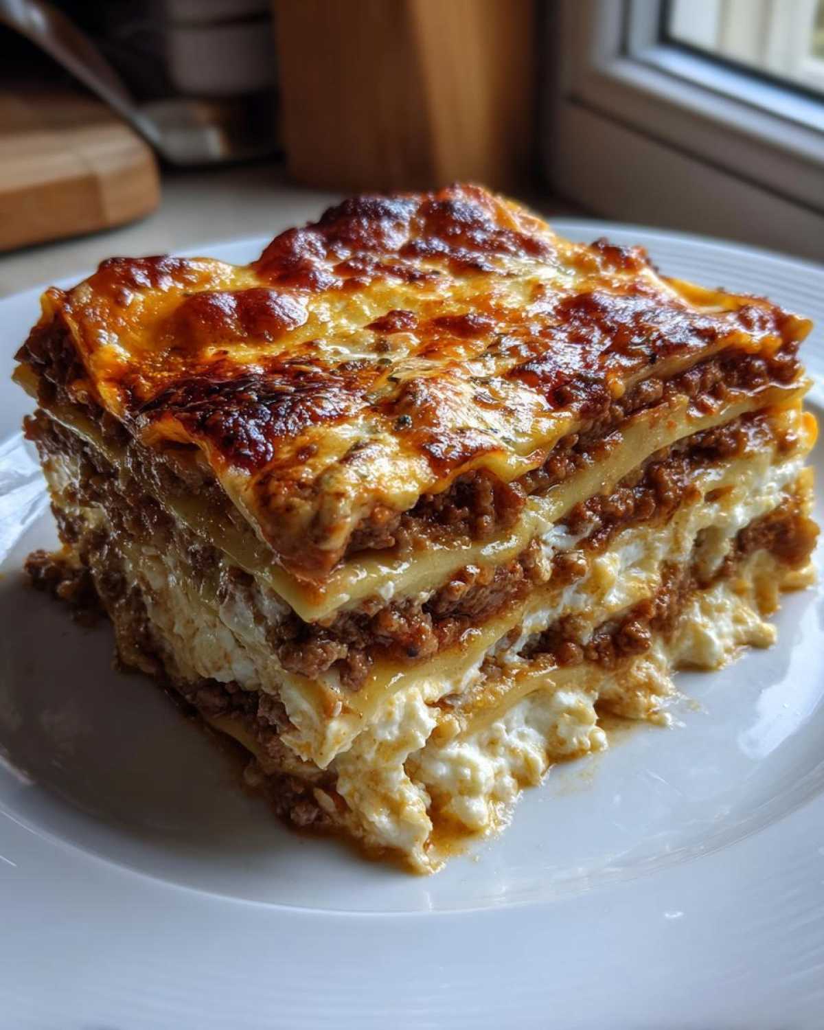 A thick, layered slice of lasagna with cottage cheese, meat sauce, and a golden-brown cheesy top.