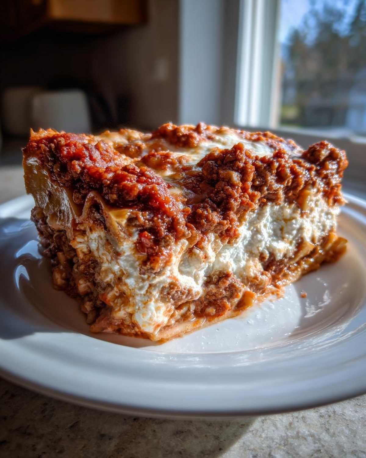 A thick, hearty slice of lasagna with cottage cheese filling and rich meat sauce, served on a white plate.