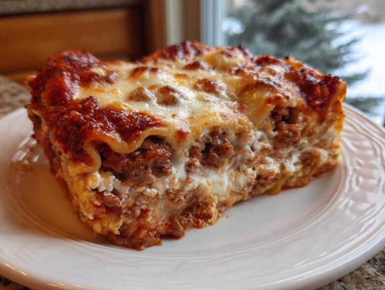 Close-up of a hearty slice of lasagna with cottage cheese, rich meat sauce, and melted cheese topping.