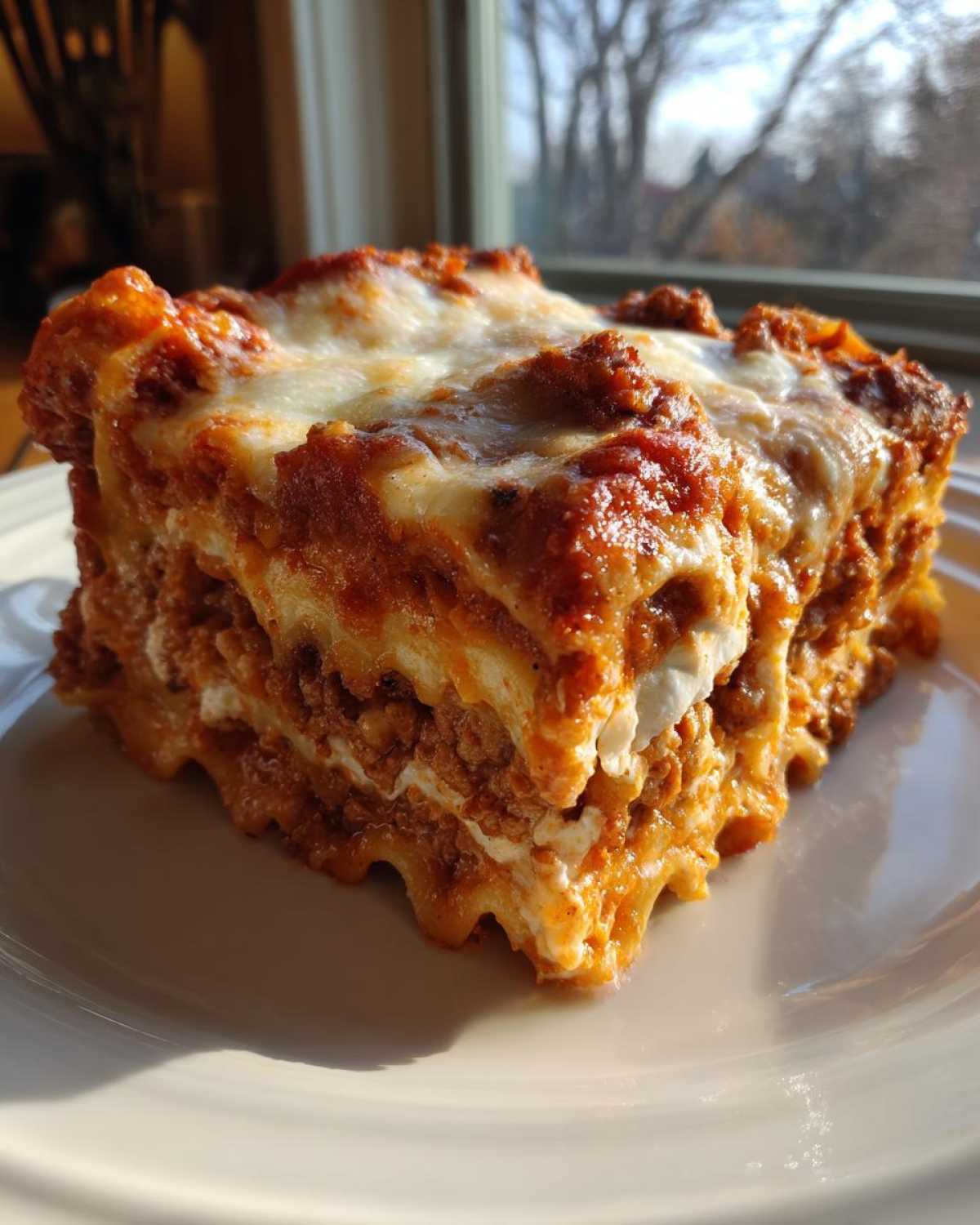A thick, square slice of baked Lasagna with Cottage Cheese, showing layers of pasta, meat sauce, and melted cheese topping.