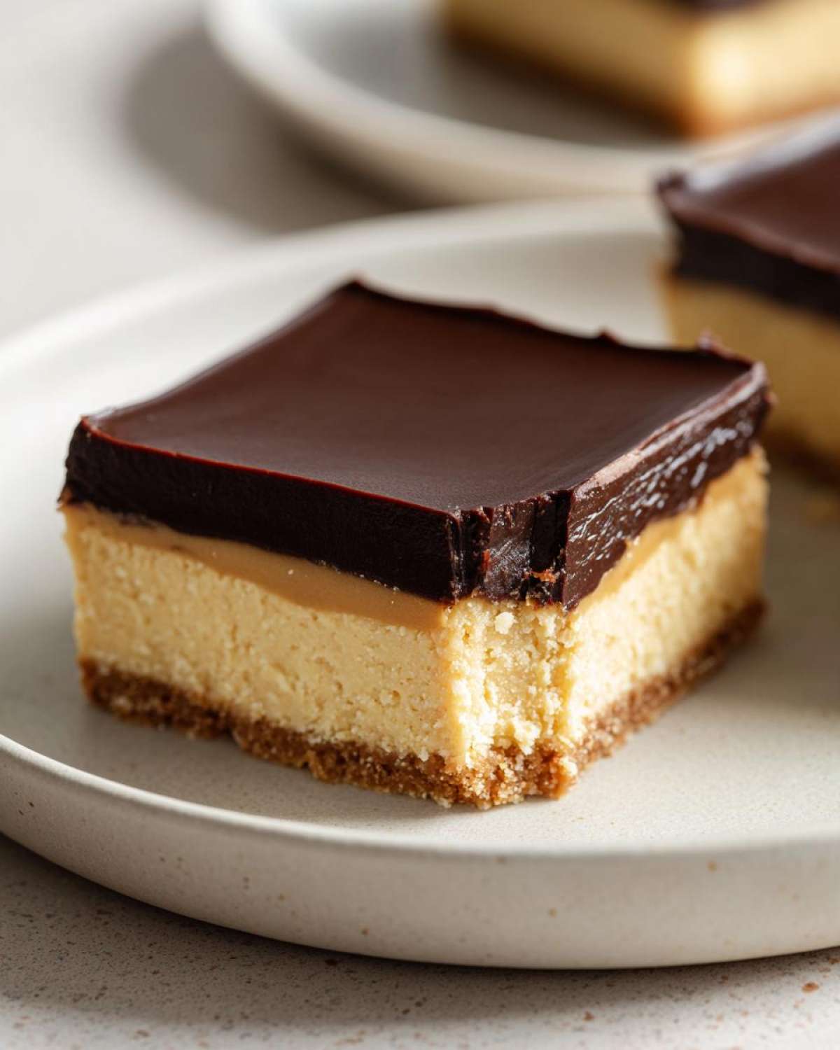 Close-up of a square of no-bake peanut butter bars with a graham cracker crust, peanut butter layer, and chocolate ganache topping.