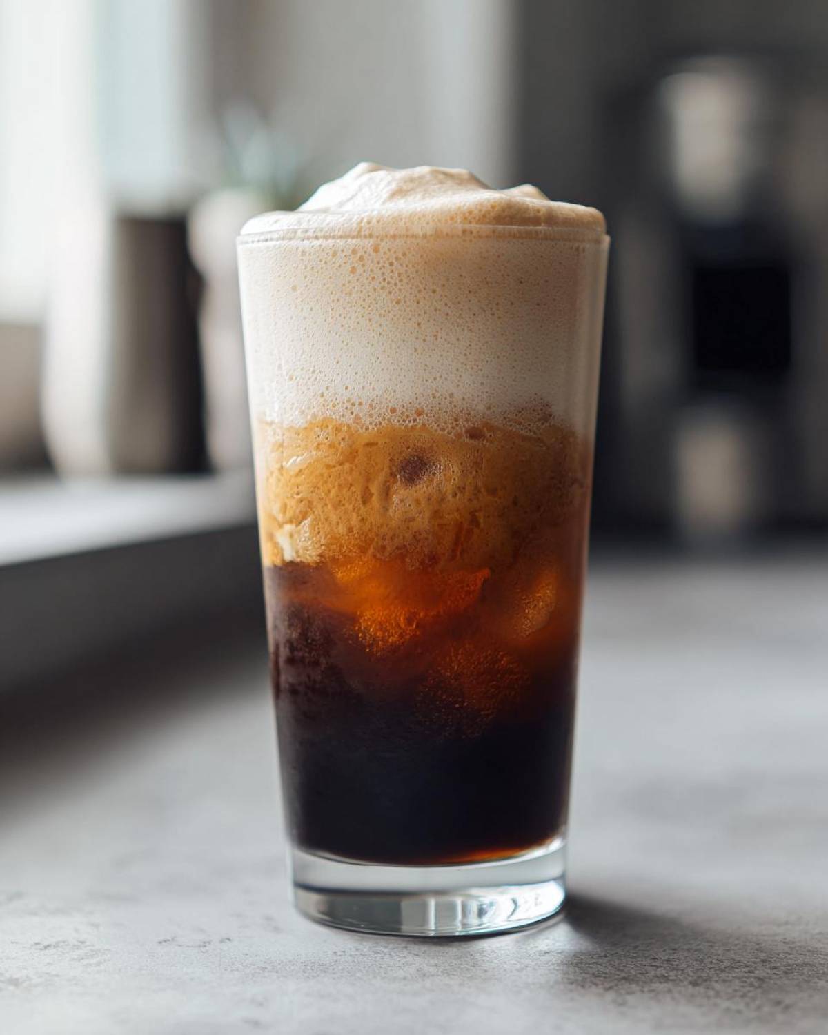 A tall glass showing distinct layers of dark cold brew coffee topped with pumpkin cream cold brew foam.