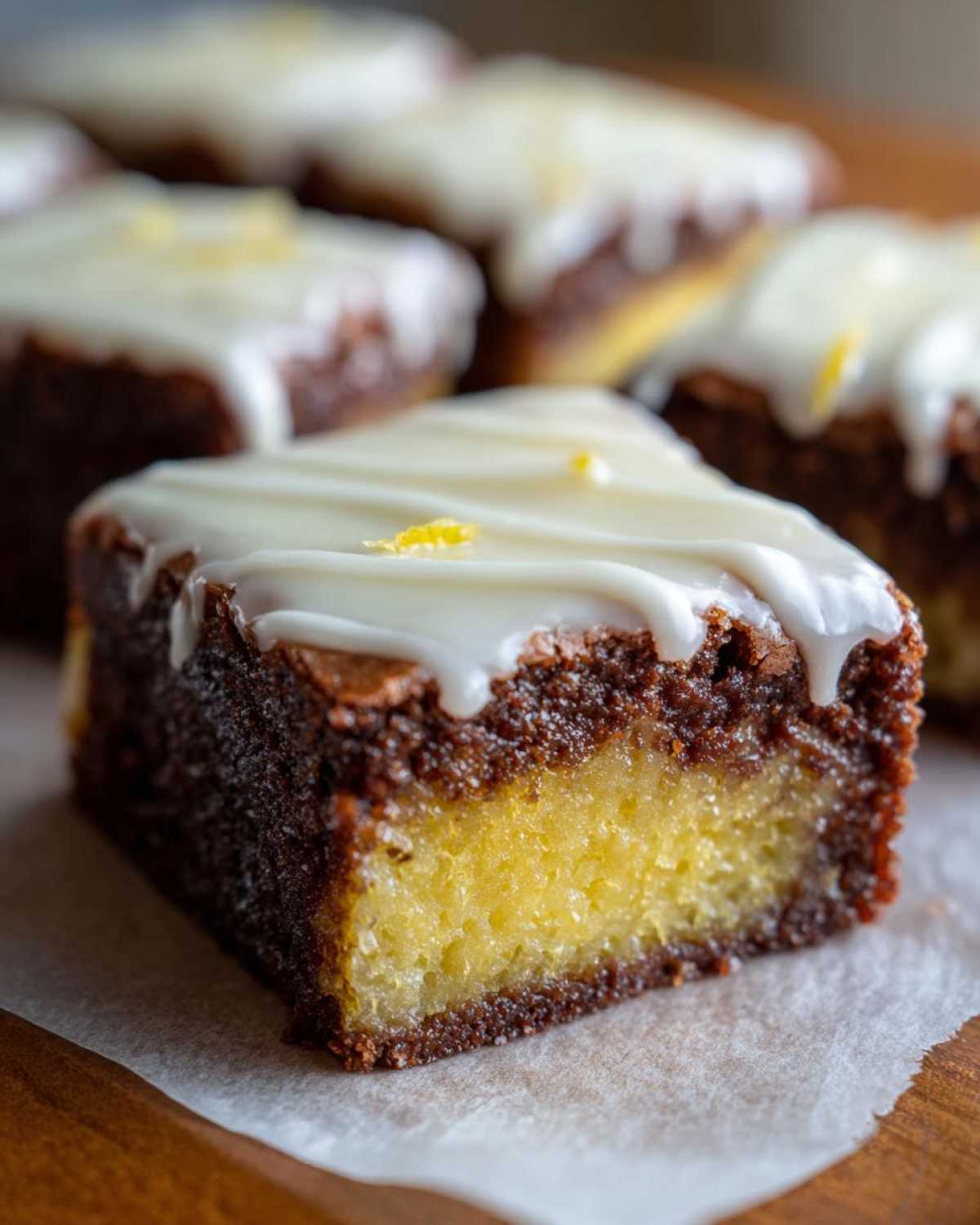 Close-up of a square Lemon Brownies piece showing a dark chocolate base and a bright yellow lemon layer, topped with white glaze.