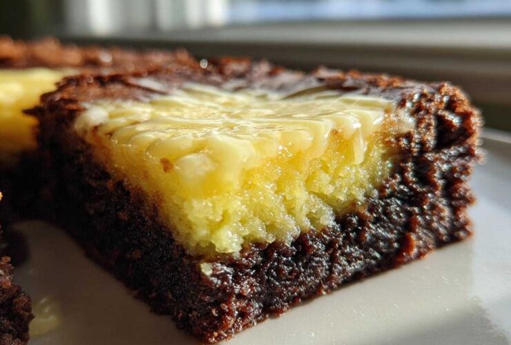 A close-up view of a rich, dark chocolate brownie base topped with a bright yellow, zesty layer of Lemon Brownies.