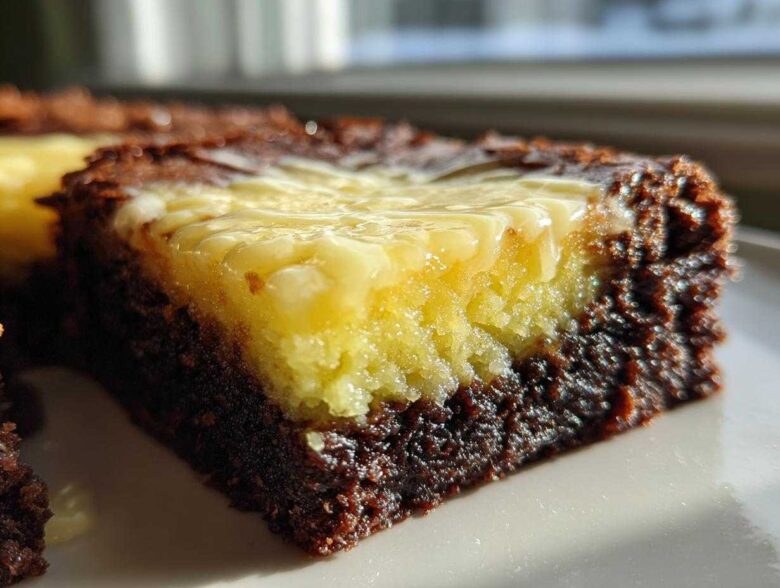 A close-up view of a rich, dark chocolate brownie base topped with a bright yellow, zesty layer of Lemon Brownies.