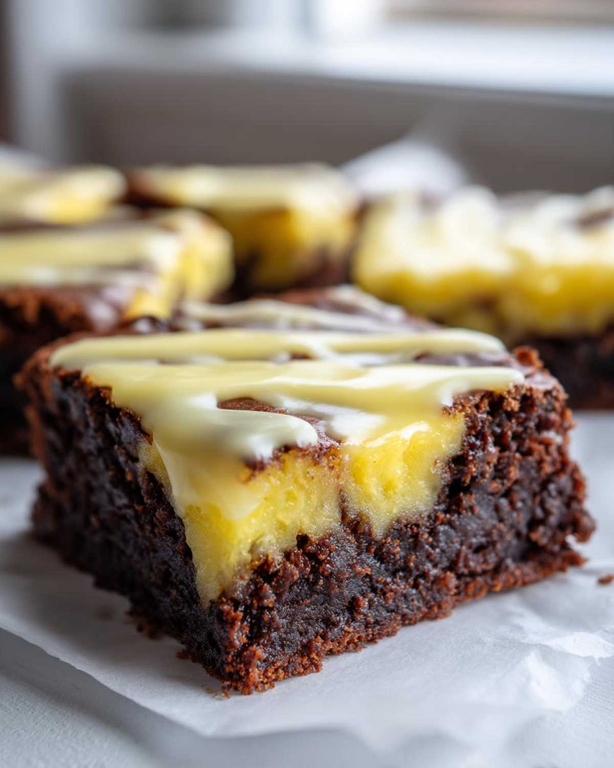 A rich, fudgy square of Lemon Brownies featuring a bright yellow lemon layer and a white glaze drizzle.