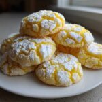 A stack of bright yellow lemon crinkle cookies heavily dusted with white powdered sugar on a white plate.