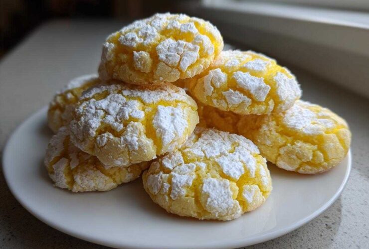 A stack of bright yellow lemon crinkle cookies heavily dusted with white powdered sugar on a white plate.