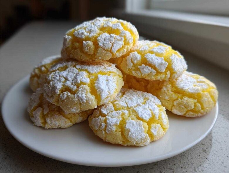 A stack of bright yellow lemon crinkle cookies heavily dusted with white powdered sugar on a white plate.