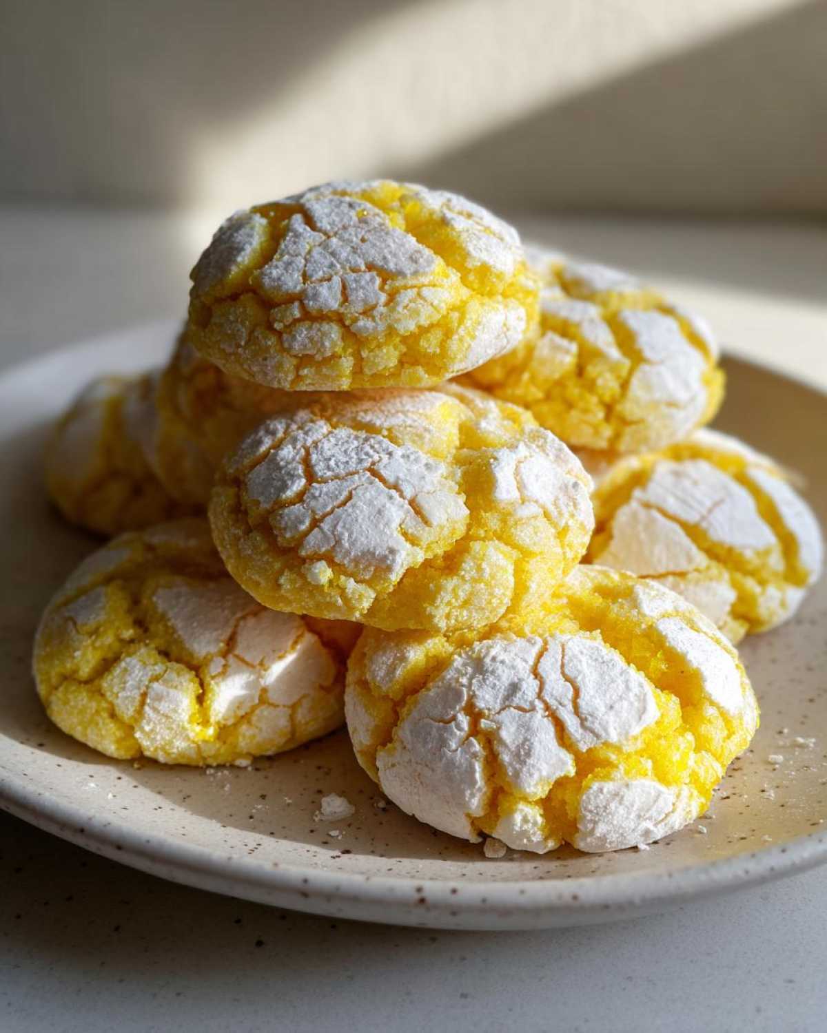 A stack of bright yellow lemon crinkle cookies heavily dusted with powdered sugar, sitting on a speckled plate.