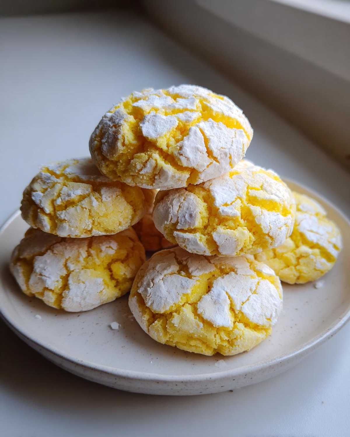A stack of bright yellow lemon crinkle cookies coated in white powdered sugar, resting on a speckled plate.