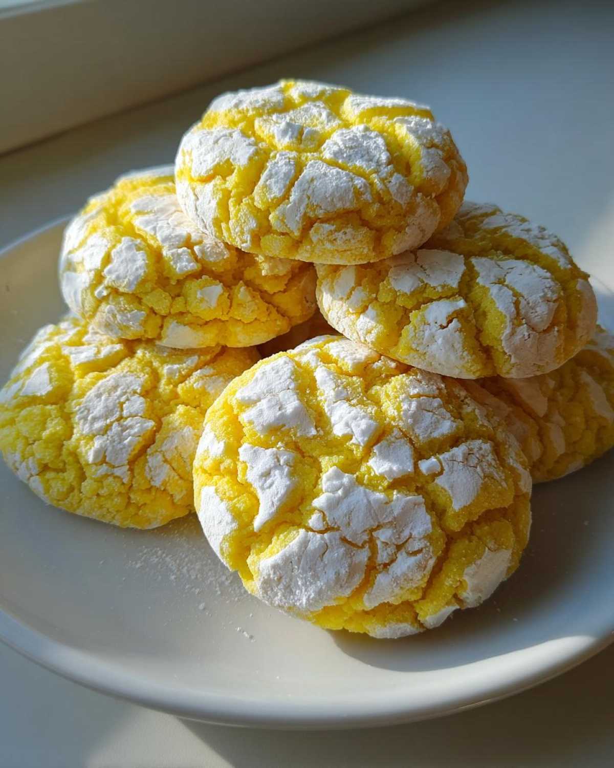 A stack of bright yellow lemon crinkle cookies covered in powdered sugar, sitting on a white plate.