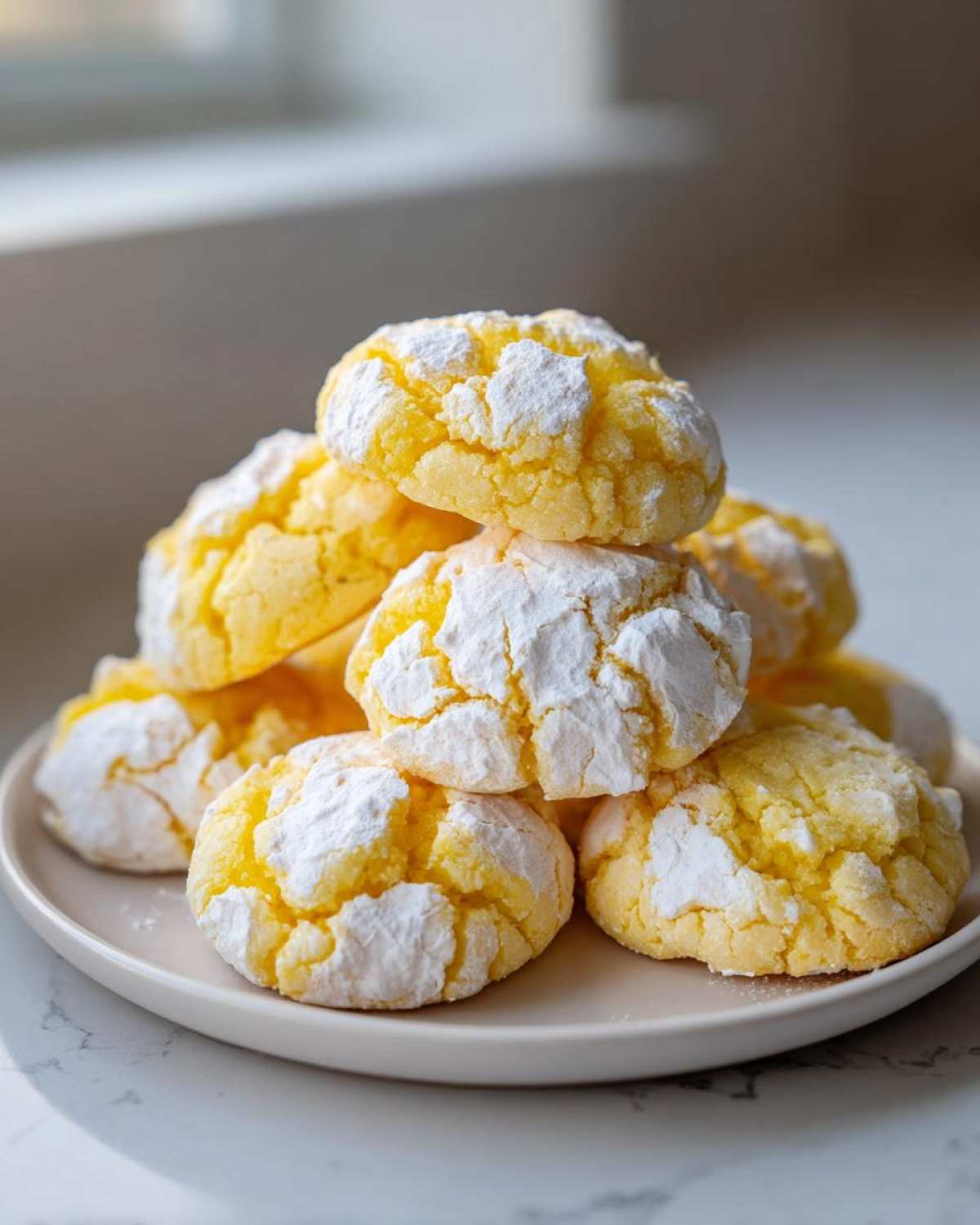 A stack of bright yellow lemon crinkle cookies heavily dusted with powdered sugar.