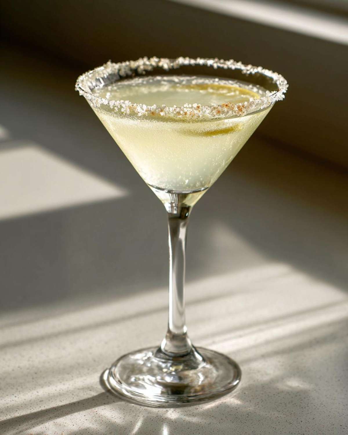 A bright yellow lemon drop cocktail served in a martini glass with a sugar-rim, garnished with a lemon twist.