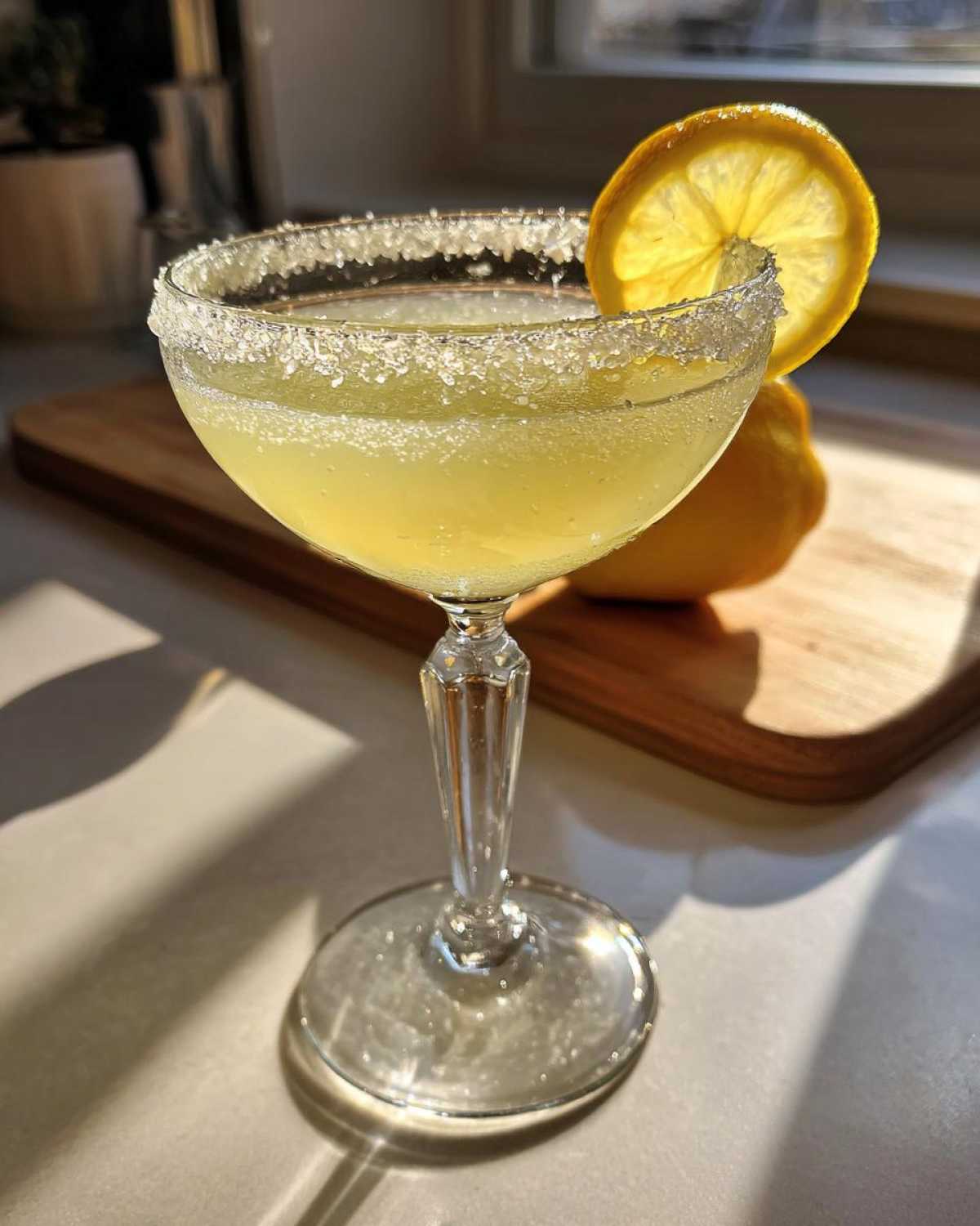 A bright yellow lemon drop cocktail in a coupe glass with a sugar rim and lemon slice garnish.
