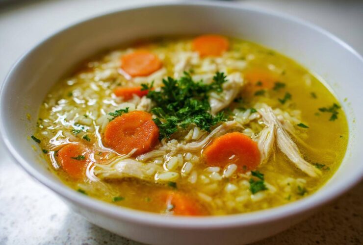 Close-up of a white bowl filled with Lemon Ginger Turmeric Chicken and Rice Soup, featuring shredded chicken, rice, sliced carrots, and parsley.