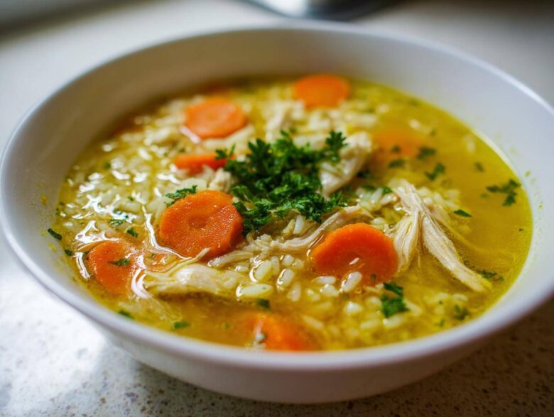 Close-up of a white bowl filled with Lemon Ginger Turmeric Chicken and Rice Soup, featuring shredded chicken, rice, sliced carrots, and parsley.