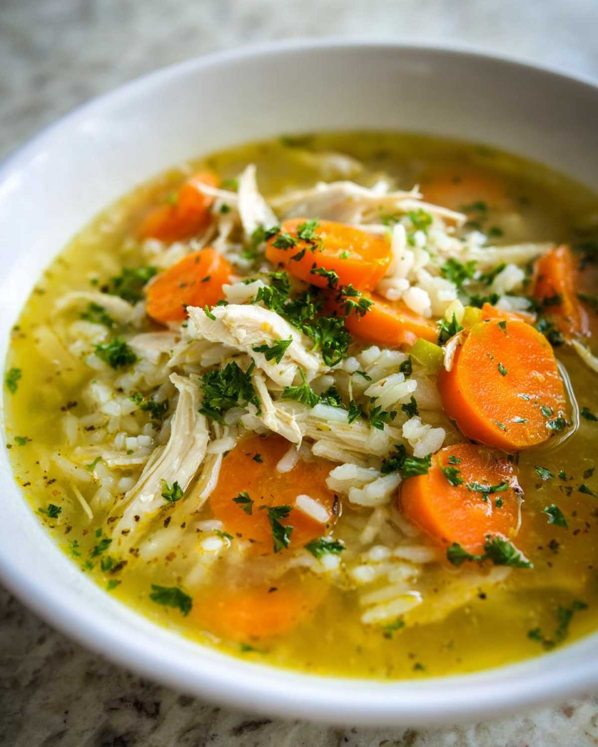 Close-up of Lemon Ginger Turmeric Chicken and Rice Soup with shredded chicken, rice, and bright orange carrots.