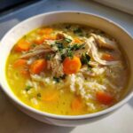 Close-up of a bowl of Lemon Ginger Turmeric Chicken and Rice Soup with shredded chicken, rice, carrots, and parsley garnish.