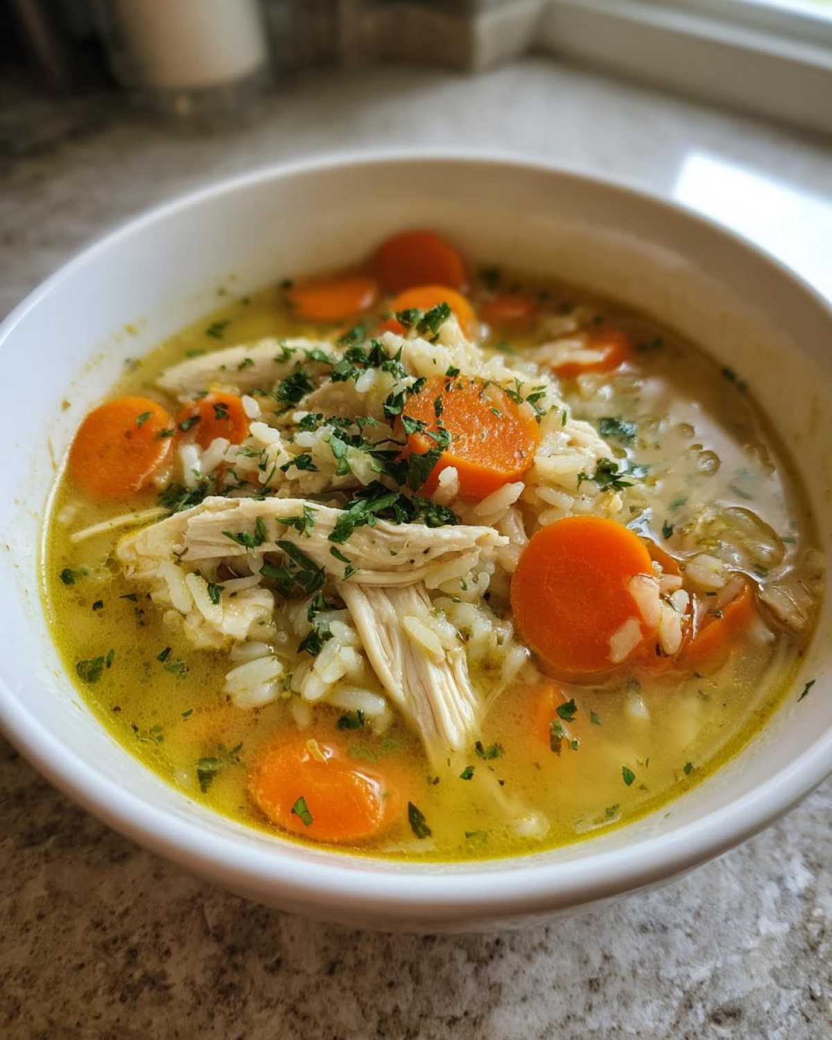 Close-up of a white bowl filled with Lemon Ginger Turmeric Chicken and Rice Soup, showing shredded chicken, rice, and bright orange carrots.