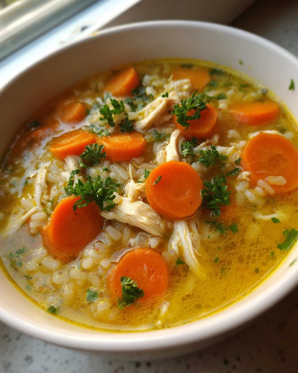 Close-up of a bowl of Lemon Ginger Turmeric Chicken and Rice Soup with shredded chicken, rice, and bright orange carrot slices.