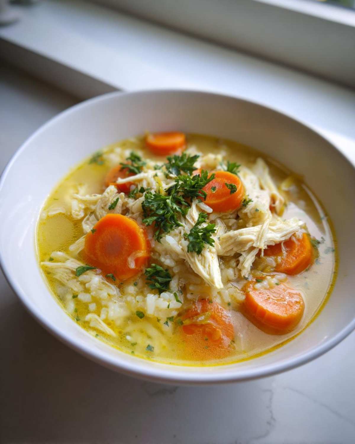 A close-up of a white bowl filled with Lemon Ginger Turmeric Chicken and Rice Soup, featuring shredded chicken, rice, and bright orange carrots.