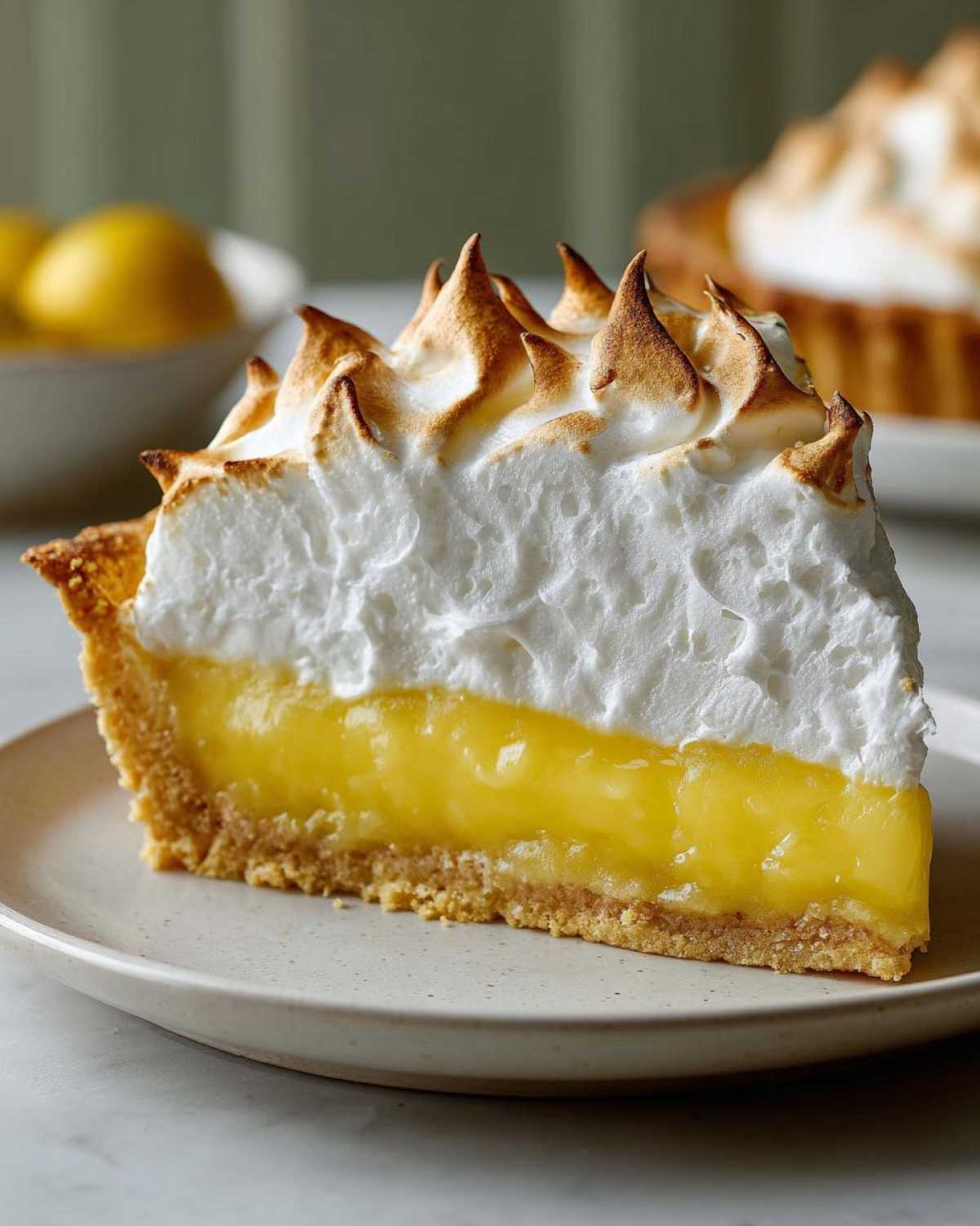 Close-up of a thick slice of lemon meringue pie showing graham cracker crust, bright yellow filling, and dramatic, torched meringue peaks.