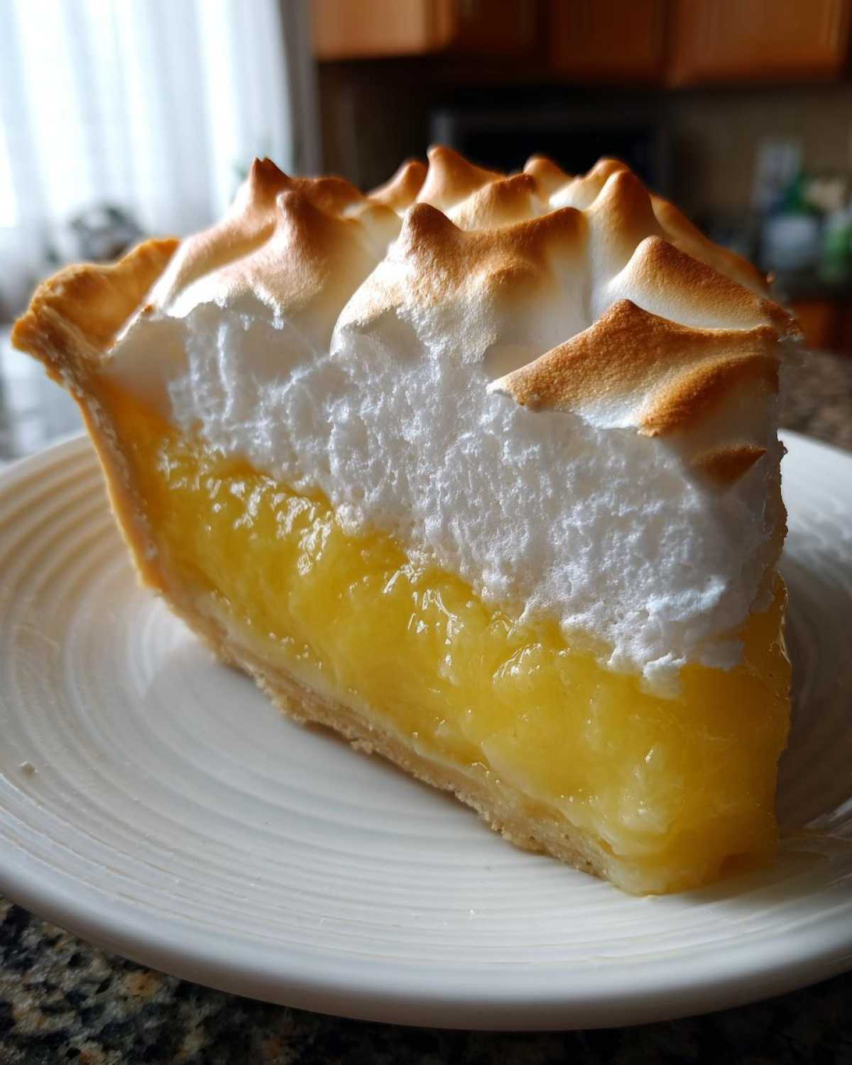 A tall slice of lemon meringue pie showing bright yellow filling and toasted meringue peaks.