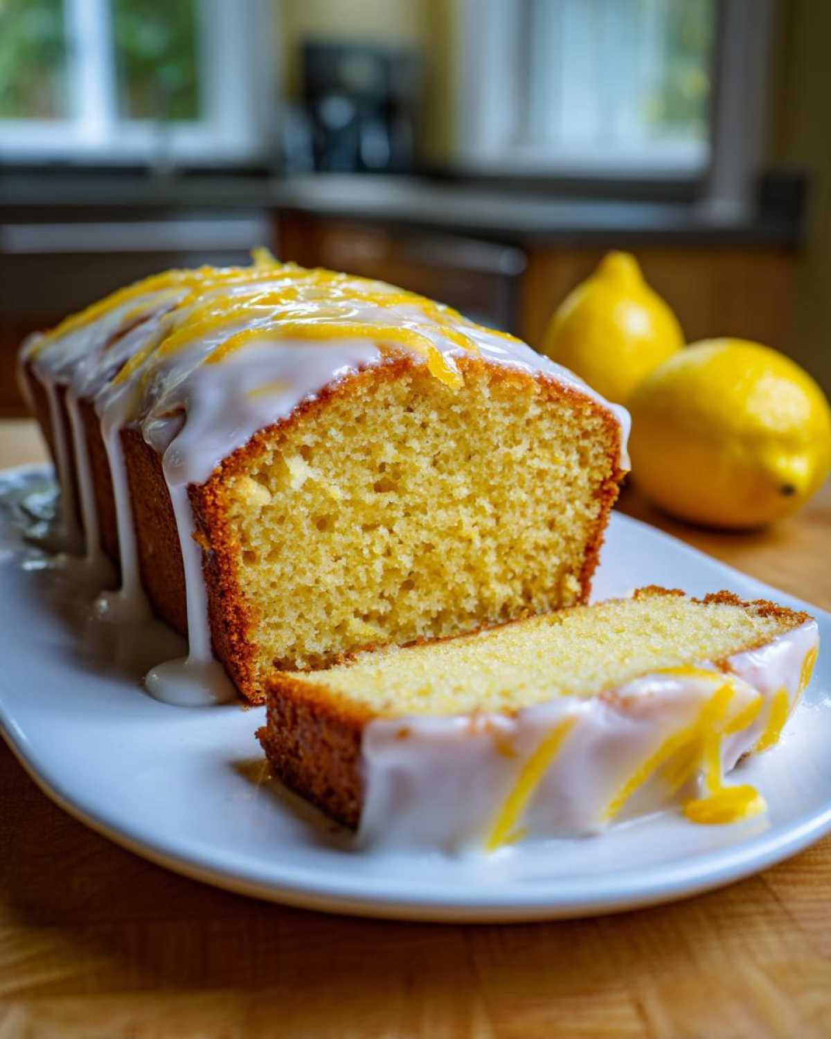 A slice of moist lemon pound cake topped with white glaze and lemon zest, next to the loaf.