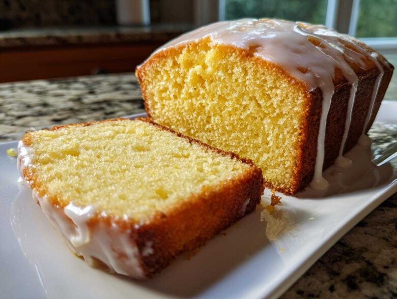 Close-up of a slice cut from a moist lemon pound cake topped with a thick, dripping lemon glaze.