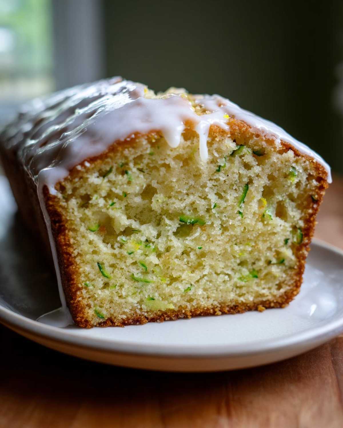 A close-up view of a slice of moist lemon zucchini bread topped with a thick white glaze.