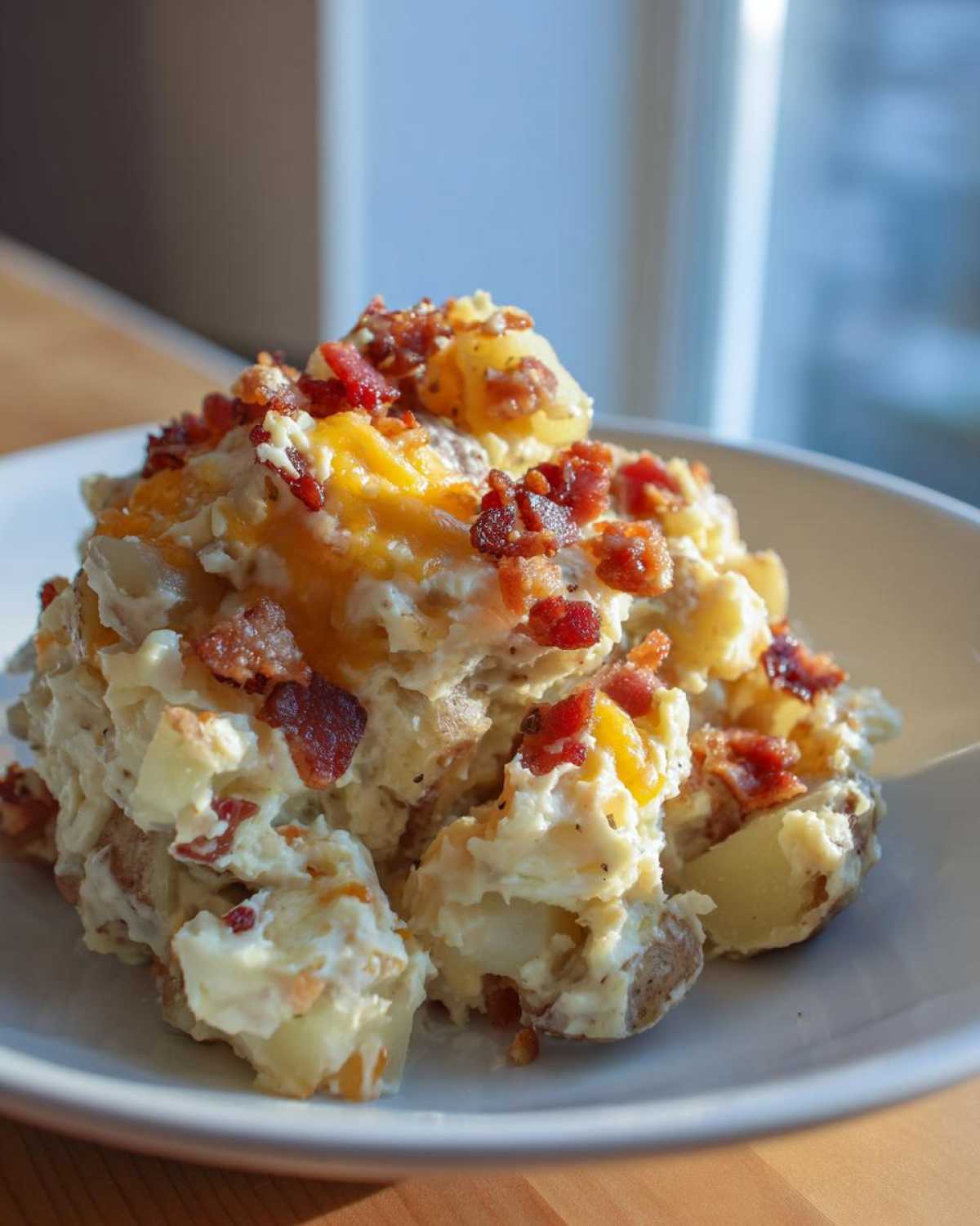 A scoop of creamy baked potato salad topped generously with melted cheddar cheese and crispy bacon bits.