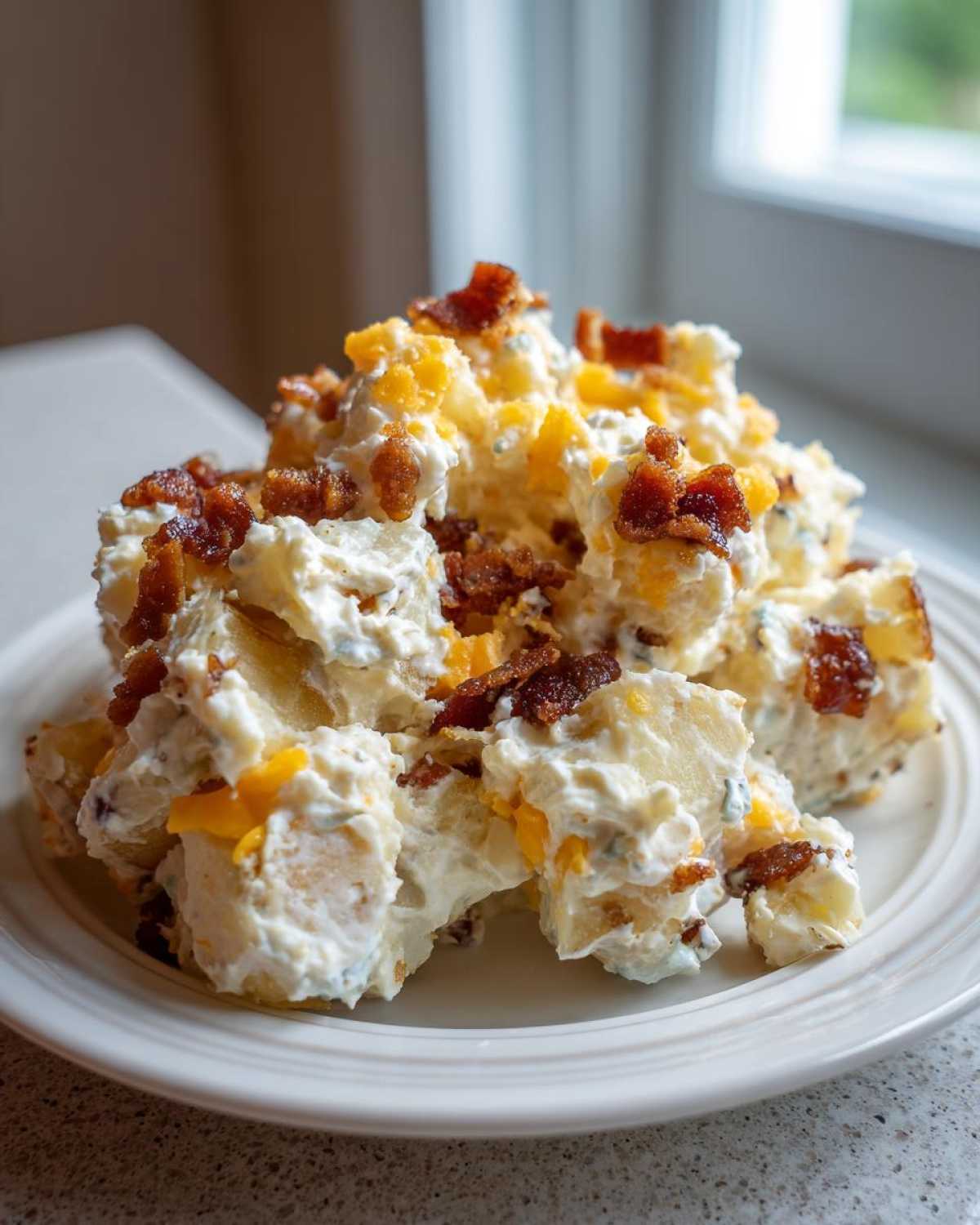 A generous serving of creamy baked potato salad topped with crumbled bacon and shredded cheddar cheese.