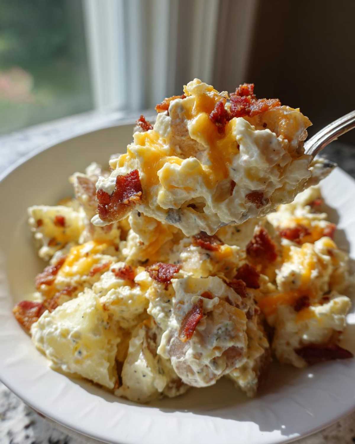 A spoonful of creamy baked potato salad topped with melted cheddar cheese and crispy bacon bits being lifted from a white bowl.