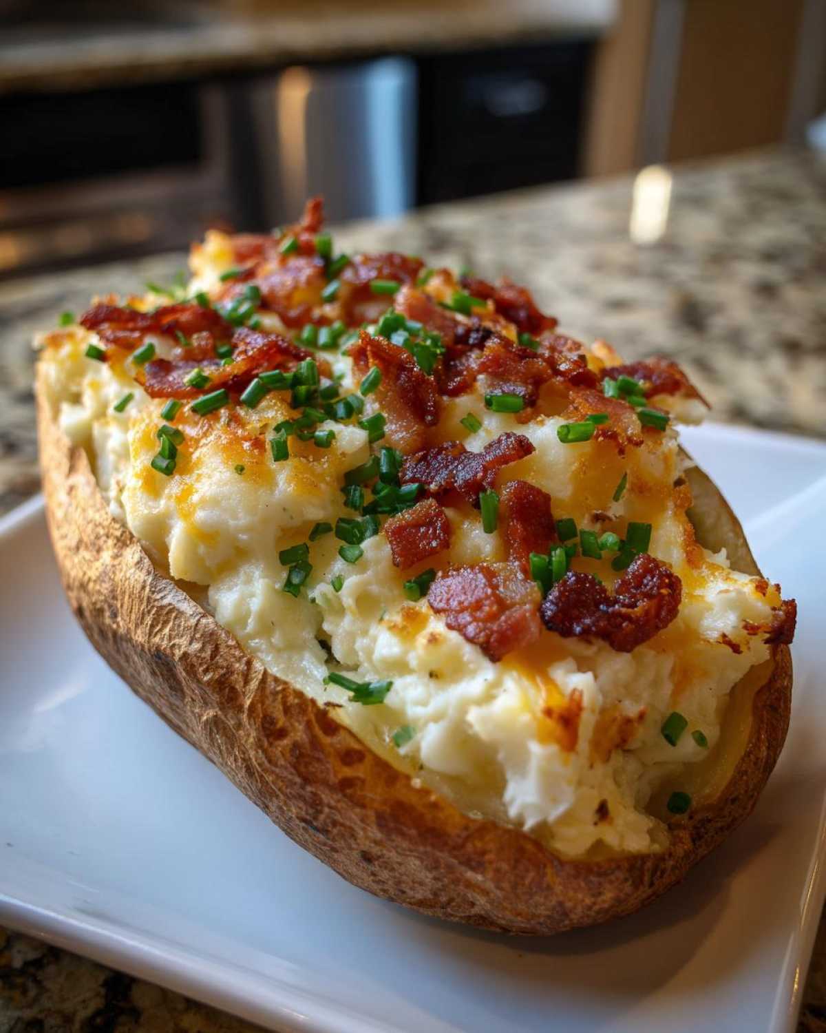 A close-up of a perfectly baked twice-baked potato stuffed with creamy filling, topped with bacon bits and fresh chives.