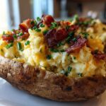 A close-up of a perfectly loaded twice baked potatoes, stuffed with creamy filling, topped with crispy bacon bits and fresh chives.