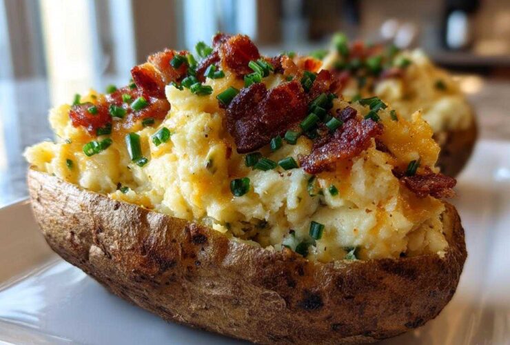A close-up of a perfectly loaded twice baked potatoes, stuffed with creamy filling, topped with crispy bacon bits and fresh chives.