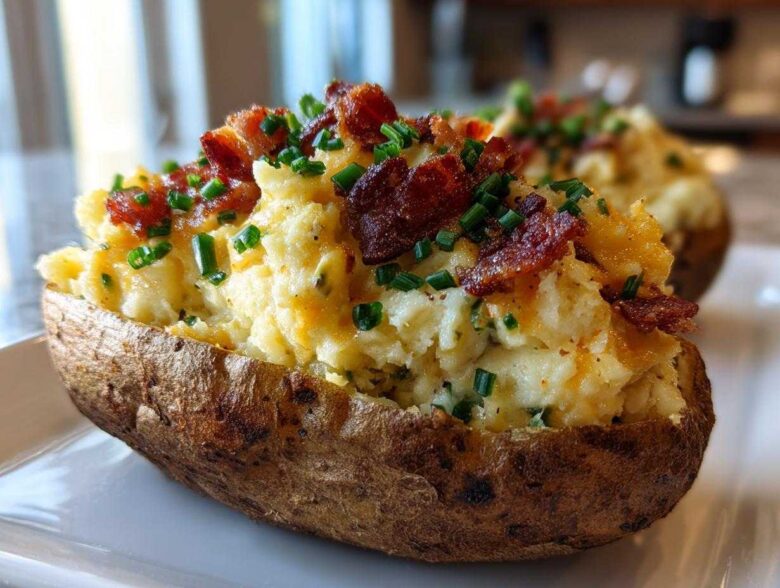 A close-up of a perfectly loaded twice baked potatoes, stuffed with creamy filling, topped with crispy bacon bits and fresh chives.