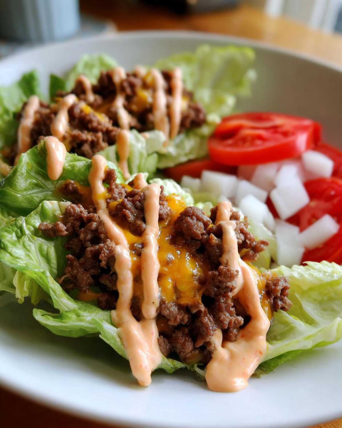Close-up of a low-carb cheeseburger bowl served in lettuce cups with seasoned ground beef, melted cheese, and special sauce.