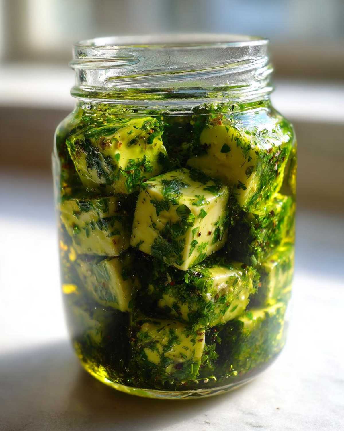 Close-up of cubed marinated cheese soaking in bright green herb-infused oil inside a clear glass jar.