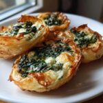 Four golden-brown Mediterranean Spinach and Feta Cheese Crisps with flaky phyllo dough served on a white plate.