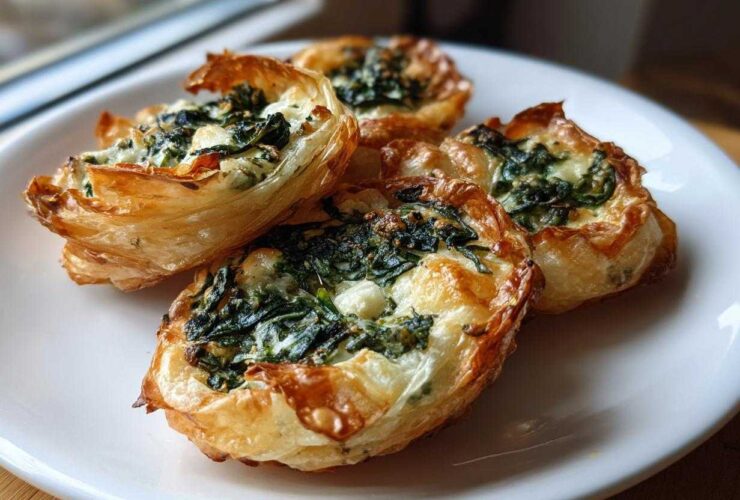 Four golden-brown Mediterranean Spinach and Feta Cheese Crisps with flaky phyllo dough served on a white plate.