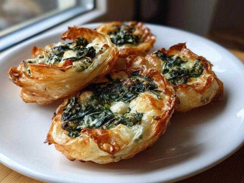 Four golden-brown Mediterranean Spinach and Feta Cheese Crisps with flaky phyllo dough served on a white plate.