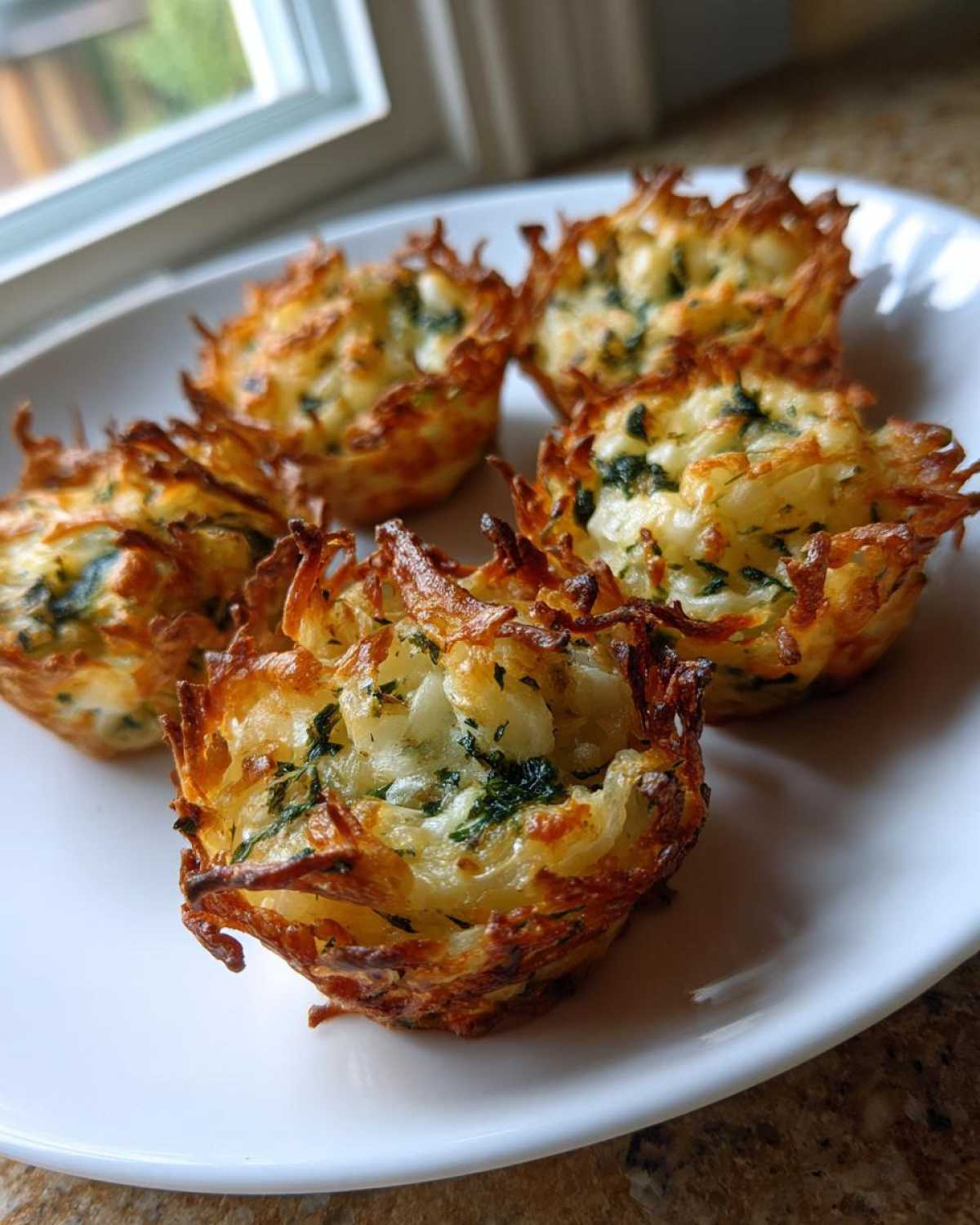 Five golden-brown, crispy Mediterranean Spinach and Feta Cheese Crisps served on a white plate.